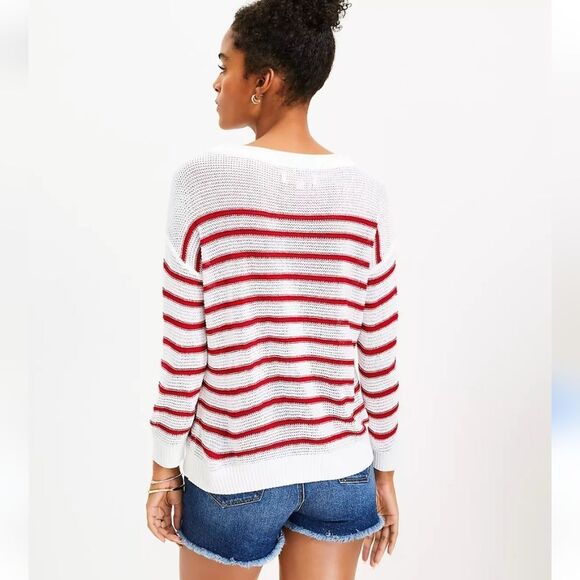 LOFT Striped Knit Sweater in Red & White Size M - Picture 2 of 13
